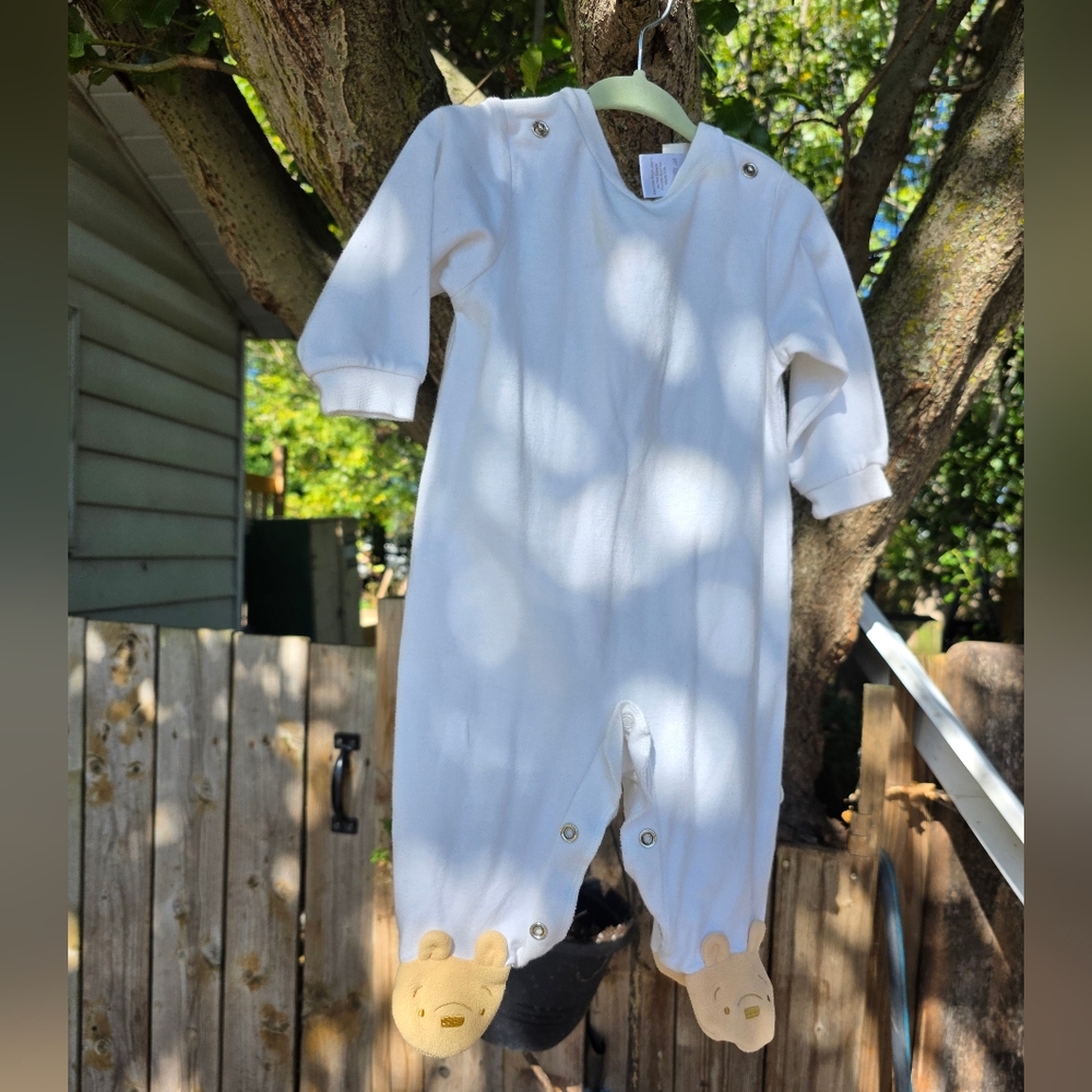 Charming White Baby Footie with Bear Details